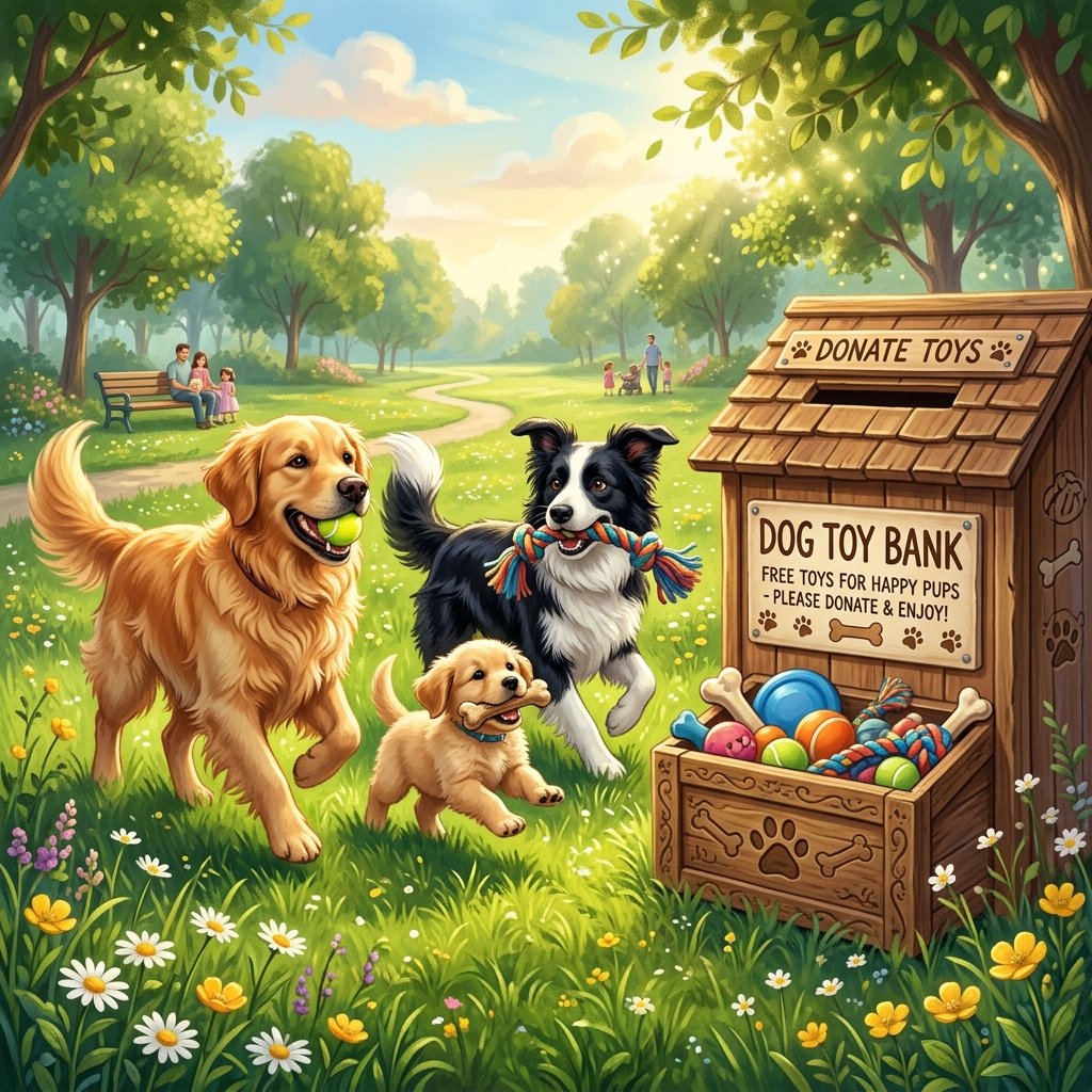 Happy dogs playing with toys in a park next to a weatherproof box